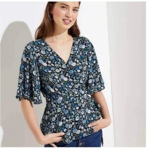 Ann Taylor Loft Blue Floral Flutter Sleeve Wrap Top Sz M